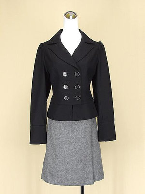 VILLE 菲磊 黑色V領長袖棉質上衣M(9號+CLEAR IMPRESSION 灰色毛料針織短裙M號(46556)