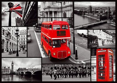 10278 1000片歐洲進口拼圖 TRE  風景 黑白 英國 倫敦 泰唔士河 大笨鐘 紅色巴士