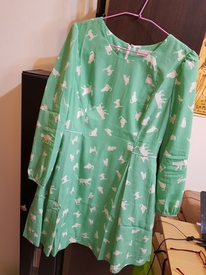 日系專櫃 NR 馬卡龍綠白色印花長袖高腰洋裝 全新