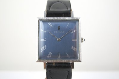 MOTAFISH CORUM 崑崙 Vintage 手上鏈方型腕錶 藍色原面無翻寫 原裝龍頭鑲有藍寶石 錶況佳