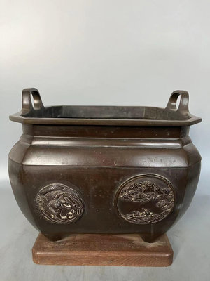 日本回流銅器 方銅火缽 香爐 茶道爐 中古物品，難免有歲月使285