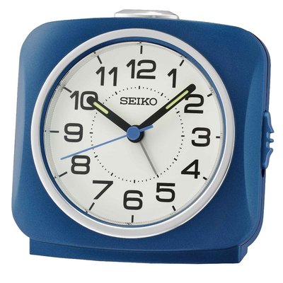 SEIKO CLOCK 精工藍色方形白面銀框.夜光指針.漸進嗶嗶聲貪睡靜音鬧鐘 型號：QHE194L【神梭鐘錶】