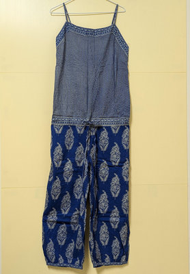 印度精品棉質藍染蓋印細肩帶拼接連褲裝anokhi