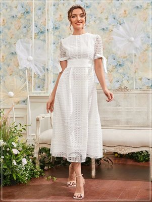 長洋裝 超美白色打結袖口提花蕾絲  歐美流行時尚女裝連身裙連衣裙長禮服有中大尺碼H5699