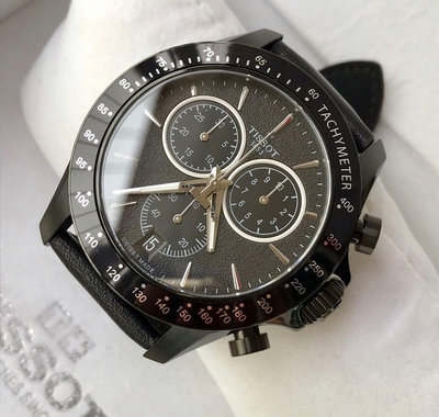 TISSOT V8系列 黑色面錶盤 黑色皮革錶帶 石英 三眼計時 男士手錶T1064173605100