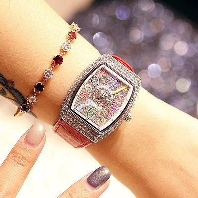 mobangtuo酒桶形時尚新款女士手錶 鑲滿鑽真皮帶防水石英表 日本進口機芯 彩色數字刻度 鑲鑽女腕錶 供應