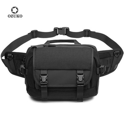 ozuko新款男式腰包手機黑色男包斜挎包大容量胸包腰包Waist bag男士背包
