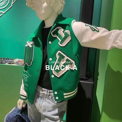 【BLACK A】精品LV 2021FW 新款刺繡徽章棒球外套夾克 羊毛x牛皮 綠色 價格私訊