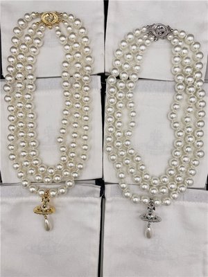 現貨熱銷-Vivienne Westwood 金色銀色三層打結珍珠有字立體土星項鏈