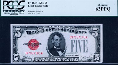 【鑒 寶】（外幣收藏） 美國 1928年B版 5美元 (政府券) PCGS 63 PPQ！冠號全程無4 MYZ541