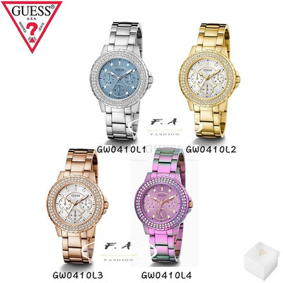 GUESS 多功能女生手錶 鑲雙排水晶圓形錶盤 不鏽鋼錶帶 女生手錶 GW0410L1 GW0410L2 GW0410L3 GW0410L4