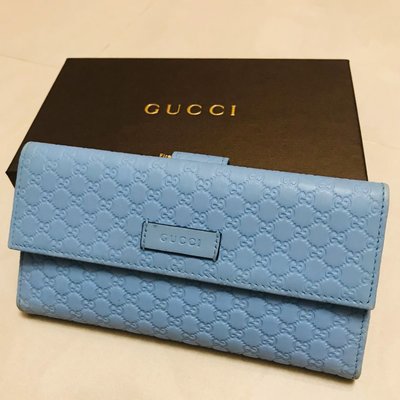 附購證Gucci雙G壓紋 掀蓋扣式長夾 天藍色
