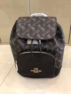 COACH 2020真女士馬車標印花PVC配皮大號抽繩雙肩背包拉鏈袋經典logo-雙喜生活館