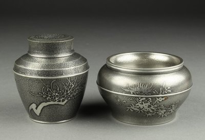 【日本古漾】272203 日本錫製 花文 茶心壷+茶海  こぼし 在印 煎茶道具 美品