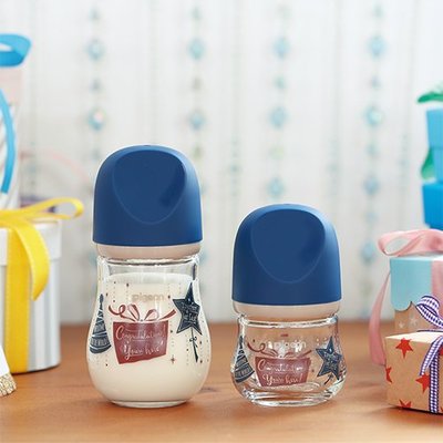 瘋狂寶寶**貝親 設計款母乳實感玻璃奶瓶-禮物/藍(80ml)(P00423)