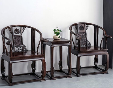 黑檀木皇宮椅三件套黑紫檀圈椅實木紅木太師椅中式古典雕龍椅茶椅