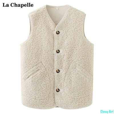 草莓商店拉夏貝爾/La Chapelle冬季馬甲背心外穿兩面穿仿羔羊毛外套女疊穿