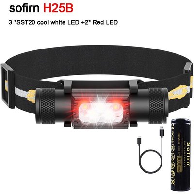 Sofirn H25B頭燈超亮2000流明3顆白色LED+2顆紅色LED燈珠USBC型可充電戶外前照燈IP66防水騎行-星紀汽車/戶外用品