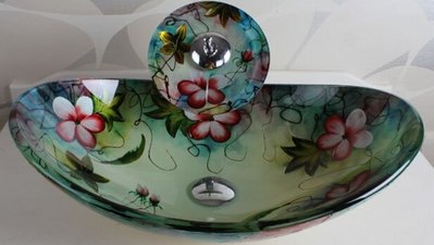 FUO衛浴: 彩繪工藝 花系列 藝術強化玻璃碗公盆 (LX8859)特價現貨!
