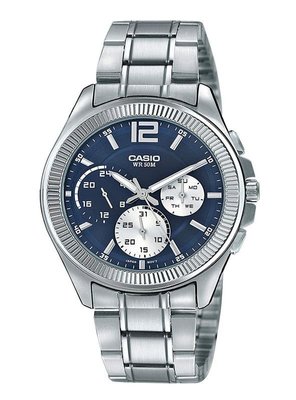 CASIO WATCH 卡西歐蠔式外殼寶藍面三眼星期.日期.24時鋼帶腕錶 型號：MTP-E305D-2A【神梭鐘錶】