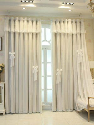 流行新款網紅雙層布紗一體遮光成品蕾絲公主臥室客廳窗簾窗紗