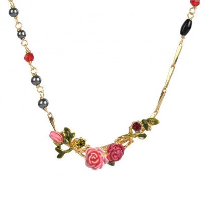 【巴黎妙樣兒】法國廠製造 Les Nereides  精雕細琢野玫瑰 傳奇冶豔風情 紅寶石黑珍珠項鍊