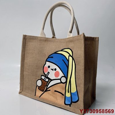 促銷打折 S&amp;C家 刺繡訂製 muji麻袋改造diy刺繡喝奶茶的少女 A4A6黃麻購物袋