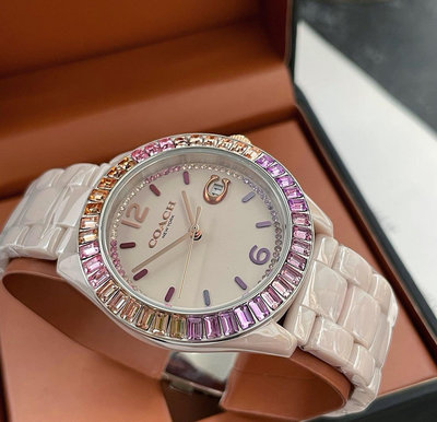 COACH Grayson 彩色水鑽圈 粉色錶盤 粉色陶瓷錶帶 石英 女士手錶 14504020
