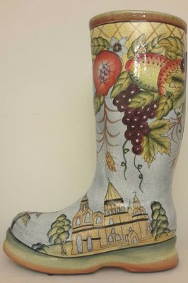 【波賽頓-歐洲古董拍賣】歐洲/西洋古董 意大利早期 手工彩繪陶瓷 馬靴形花瓶(有落款數量號1/72)