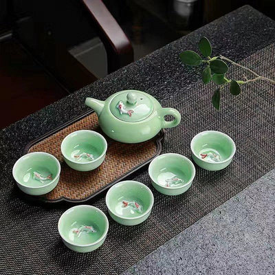 七件套青瓷茶具陶瓷套裝 七頭家用蓋碗泡茶壺 茶海茶漏 鯉魚杯子整套功夫茶具 可開發票