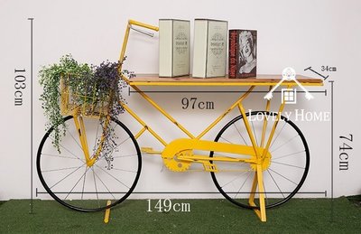 （台中 可愛小舖）歐式鄉村風黃色腳踏車造型擺飾書架木製層板金屬鐵框長方型書架收納架書房收納擺式書店咖啡店