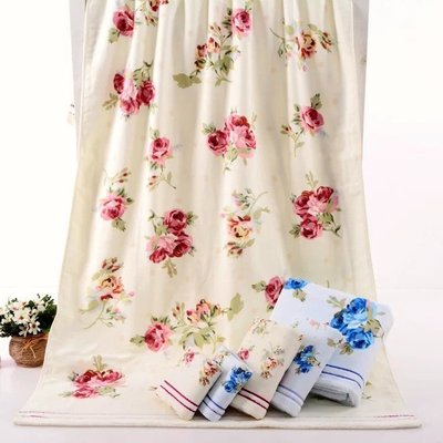 粉紅玫瑰精品屋~高檔純棉割絨印花玫瑰滿園浴巾~34*76公分