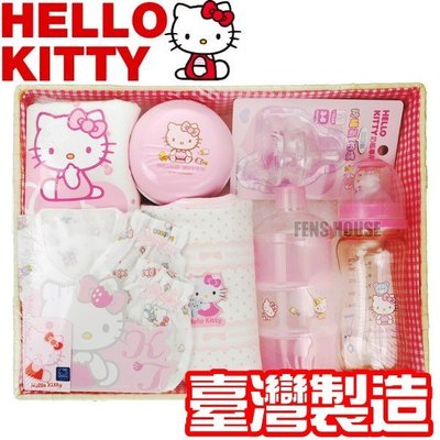 ♡fens house♡台灣製造 kitty 嬰兒 紗布衣 圍兜 奶瓶 用品 禮盒組 滿月禮盒~ 有附紙袋