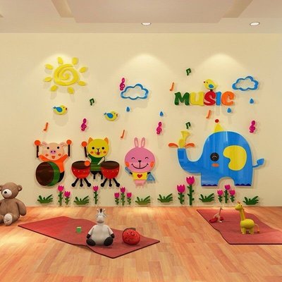 卡通動物3d立體壁貼兒童房裝飾音樂貼紙幼兒園早教班壁壁佈置貼畫