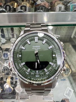 【金台鐘錶】CASIO卡西歐 AMW-880D-3A（大錶徑)(綠)10年電力指針數位雙顯系列 不鏽鋼 防水50米