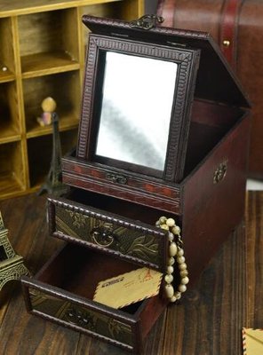 4987A 歐式復古雕花收納盒附鏡子 多功能桌面儲物盒飾品盒 首飾盒木質復古整理盒化妝台置物盒擺飾