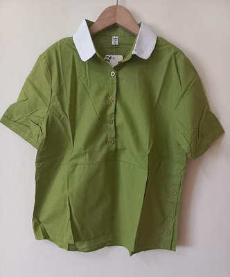 短袖青草綠色側開扣挺版襯衫OL上衣