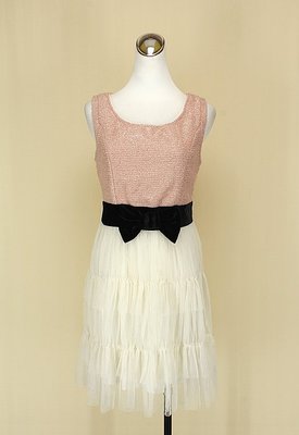 ◄貞新二手衣►MAYUKI 東京著衣 粉紅圓領無袖棉質絲絨網紗洋裝F號(14517)