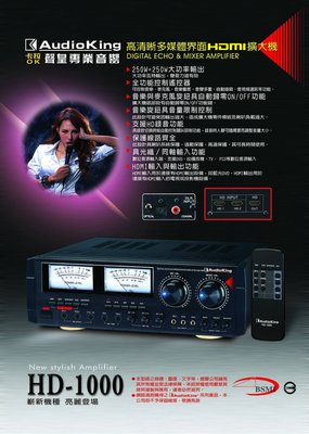 高傳真音響【AudioKing HD-1000】250W專業綜合擴大機│HDMI輸入 光纖同軸│卡拉OK 會議室 免運