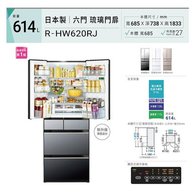 HITACHI 日立 614公升日本製一級能效六門變頻冰箱 RHW620RJ