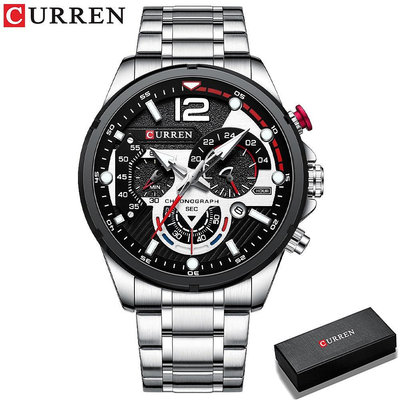 CURREN 奢侈品牌男士運動腕錶夜光石英手錶休閒計時碼表不銹鋼男鐘 8395S