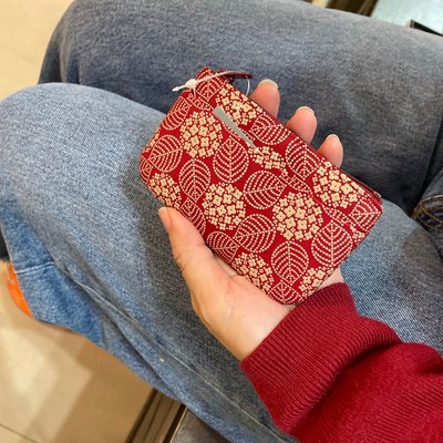 美家園日本生活館 日本製 印傳屋鹿皮 拉鏈零錢包 紅色紫陽花