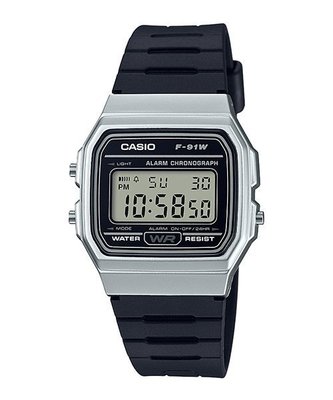 CASIO WATCH 卡西歐運動復古版銀黑電子矽膠帶腕錶 型號：F-91WM-7A【神梭鐘錶】