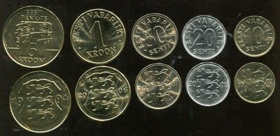 ESTONIA（愛沙尼亞硬幣），5枚合購，1994-2008，品相全新UNC