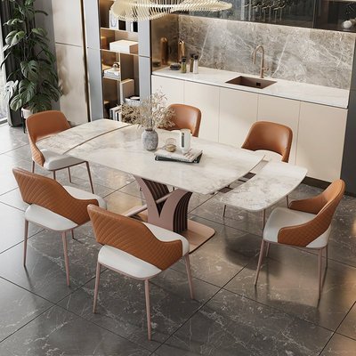 進口亮光巖板伸縮餐桌家用小戶型現代簡約長方形可折疊餐桌椅組合滿減 促銷 夏季