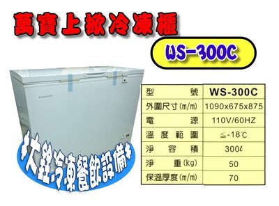 ＊大銓冷凍餐飲設備＊萬寶Wanbao WS-300C(3尺6)300公升，上掀式冷凍櫃/冰櫃/臥櫃/歡迎來店看貨