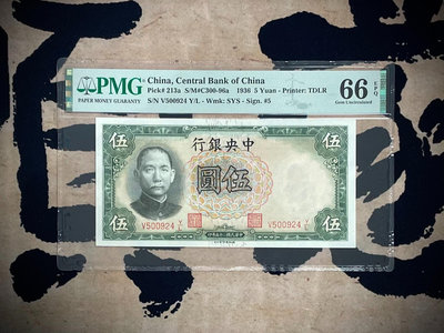 紙鈔出民國25年1936年中央銀行德納羅伍圓，