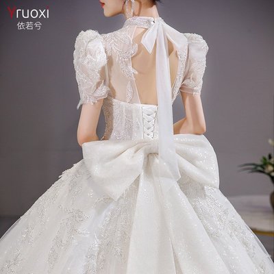 現貨熱銷-主婚紗2021新款拖尾奢華夏季新娘結婚宮廷公主風氣質主紗重工禮服