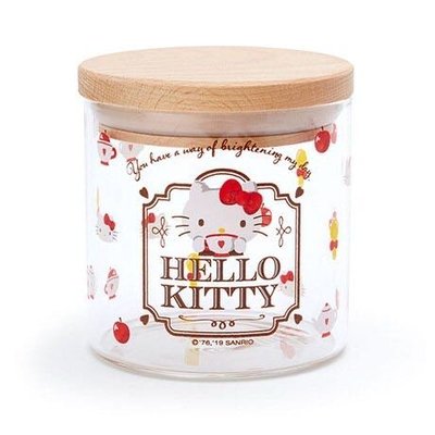 Hello Kitty 木蓋透明耐熱玻璃收納罐（紅.下午茶）300ml.置物罐.餅乾罐