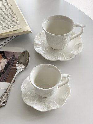 外貿出口 法式輕奢精致浮雕純白陶瓷下午茶杯子咖啡杯碟